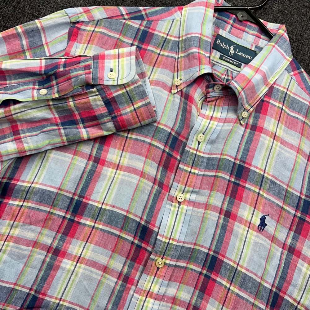 Ralph Lauren Custom Fit Linen Plaid Button Down Shirt Mens Large Multi Color